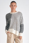 elan crewneck ribbed detail asymmetrical mixed stripe sweater black white