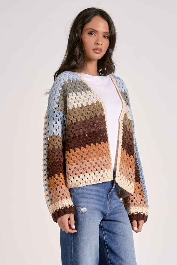 elan multi stripe trendy crochet open cardigan jacket fall winter