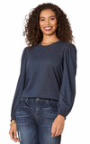 long sleeve crewneck top balloon sleeve crochet stitch detail top democracy navy