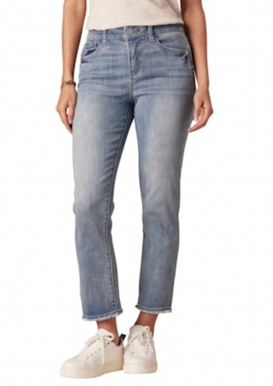 democracy absolution slim straight medium light wash denim frayed hem high rise mid blue