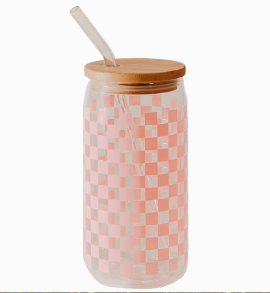 glass can with bamboo lid glass straw pink checkered sweet water decor