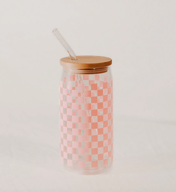 glass can with bamboo lid glass straw pink checkered sweet water decor