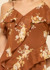 floral ruffle midi dress brown v-neckline side slit