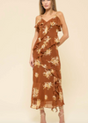 floral ruffle midi dress brown v-neckline side slit