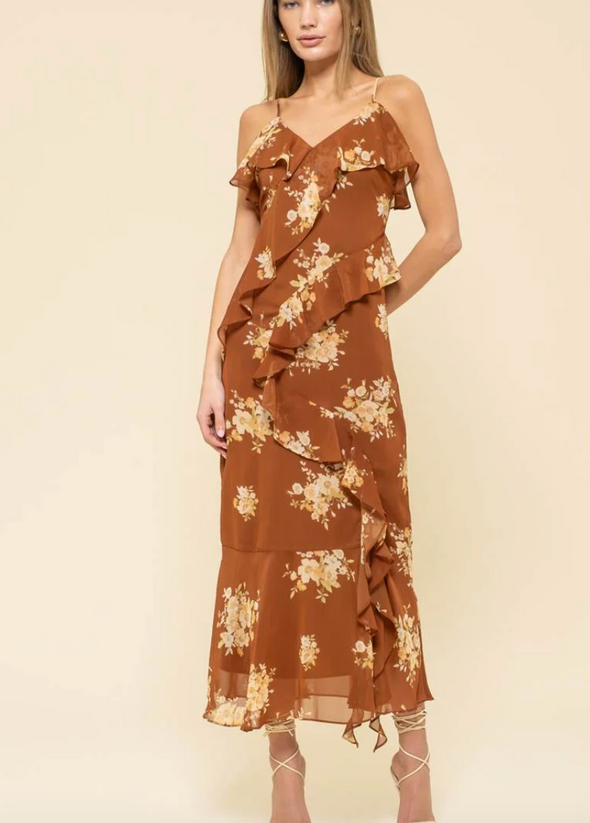 floral ruffle midi dress brown v-neckline side slit