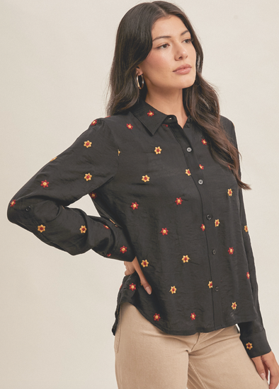 floral embroidered button down shirt long sleeve black