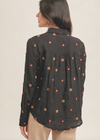 floral embroidered button down shirt long sleeve black