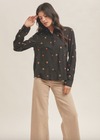 floral embroidered button down shirt long sleeve black