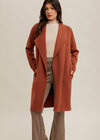 draped collar longline cardigan open front side pockets rust