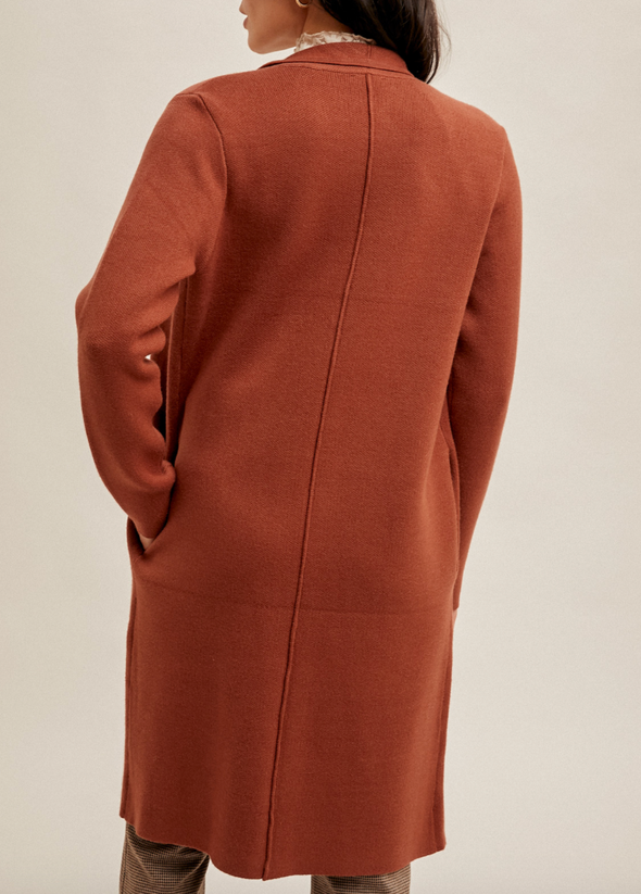 draped collar longline cardigan open front side pockets rust