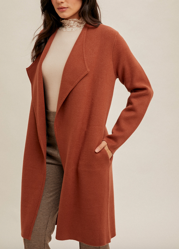 draped collar longline cardigan open front side pockets rust