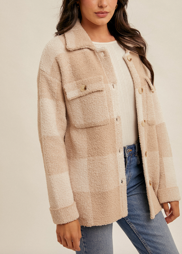 plaid button up shacket fuzzy relaxed fit taupe