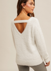 merry graphic sweater rounded neckline back cutout fuzzy white