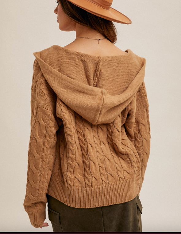 cable knit hooded sweater zipper front mocha