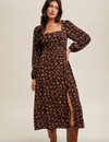 floral midi dress side slit square neckline long sleeve