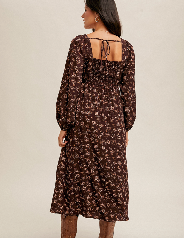 floral midi dress side slit square neckline long sleeve