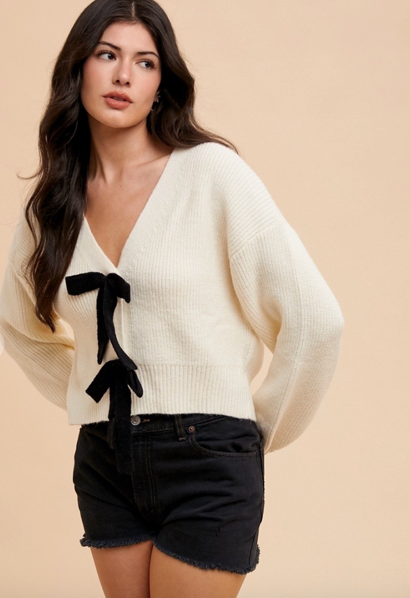 The Latacia Ribbed Bow Front Cardigan