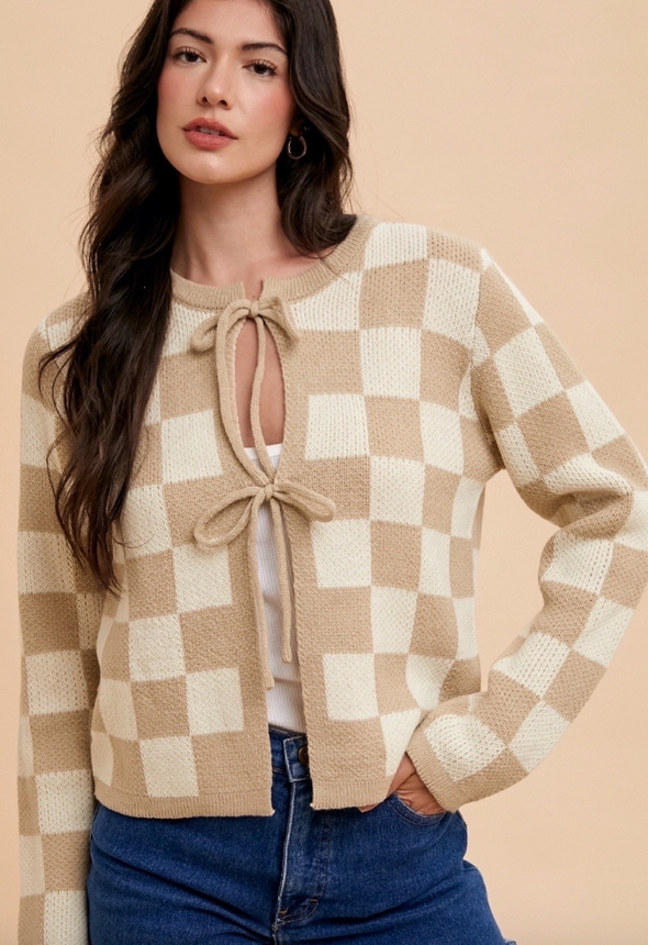 The Natasha Checkerboard Front Tie Sweater Cardigan