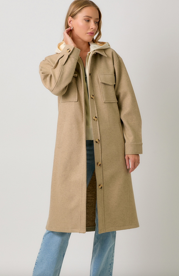 long coat button front collared built in hoodie taupe