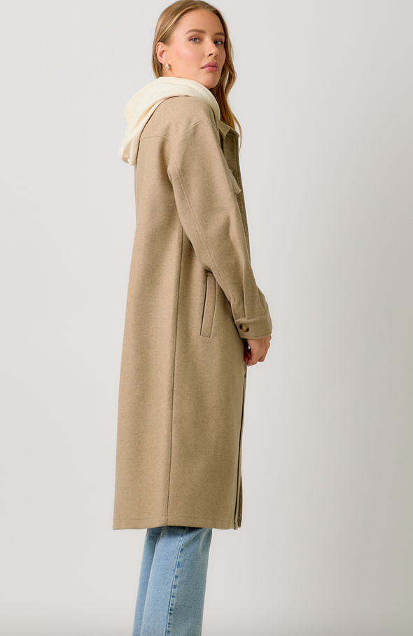 long coat button front collared built in hoodie taupe