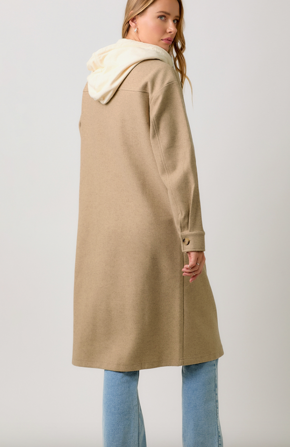 long coat button front collared built in hoodie taupe