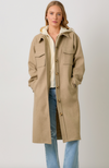 long coat button front collared built in hoodie taupe