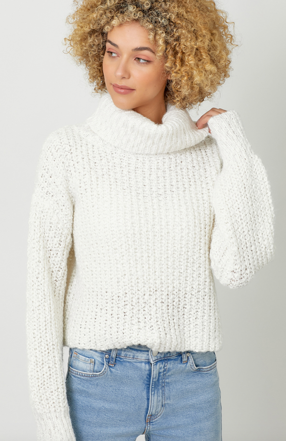 mystree turtleneck sweater cropped long sleeve open knit white