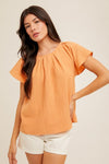hem & thread round neckline open back short butterfly sleeve blouse top