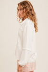 WHITE hem & thread v-neck blouson sleeve mixed fabric long sleeve top