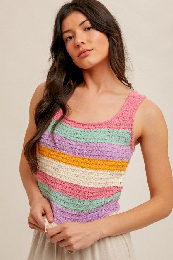 PINK hem & thread round neck sweater crochet multi-color stripe knit tank top