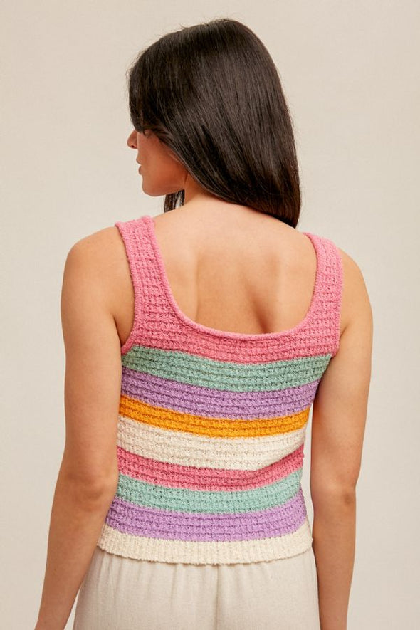 PINK hem & thread round neck sweater crochet multi-color stripe knit tank top