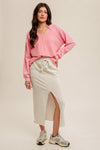 LT GREY hem & thread elastic waist front slit midi skirt knit utility pocket