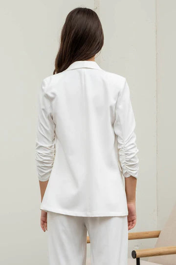 WHITE lightweight ruched sleeve polyester blazer