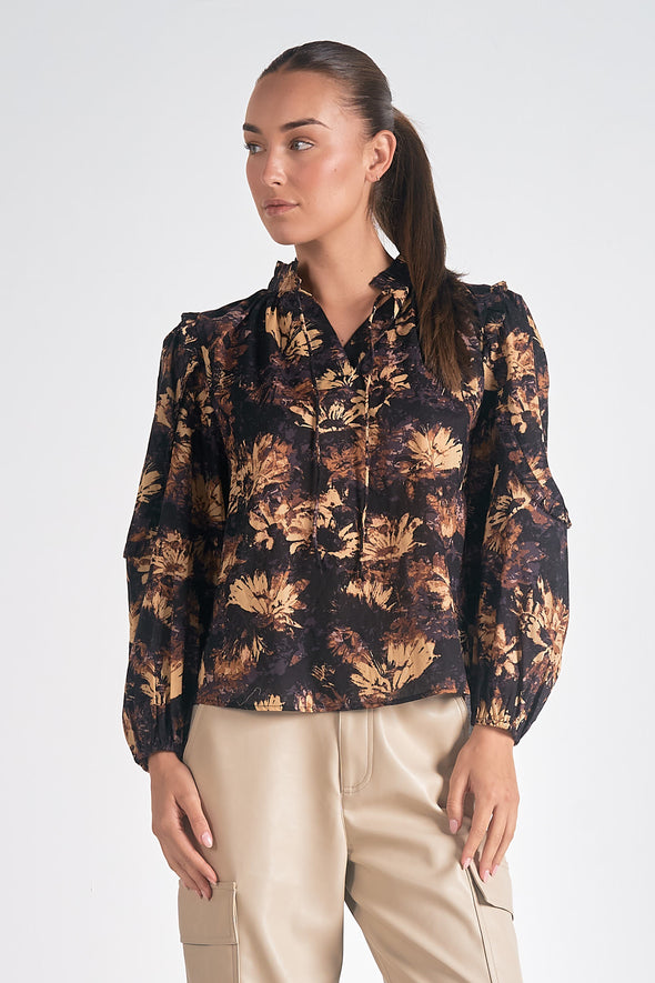 elan black neutral floral long sleeve blouse oversized fall winter ruffle detail