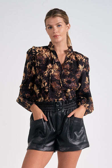 elan black neutral floral long sleeve blouse oversized fall winter ruffle detail