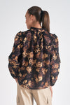 elan black neutral floral long sleeve blouse oversized fall winter ruffle detail