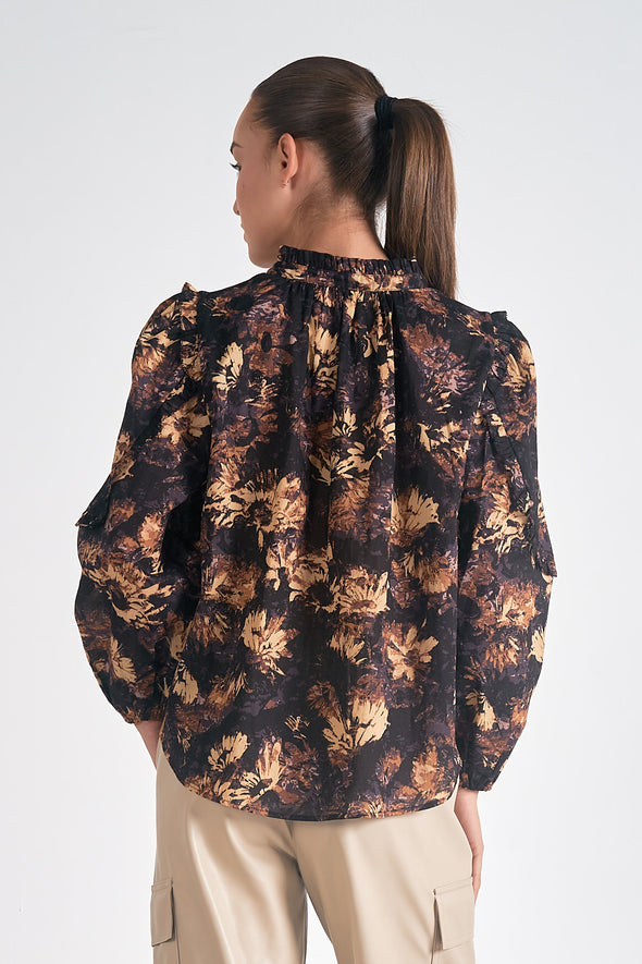 elan black neutral floral long sleeve blouse oversized fall winter ruffle detail