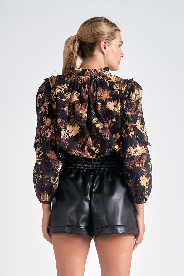 elan black neutral floral long sleeve blouse oversized fall winter ruffle detail