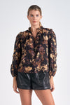 elan black neutral floral long sleeve blouse oversized fall winter ruffle detail