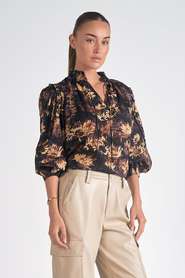 elan black neutral floral long sleeve blouse oversized fall winter ruffle detail