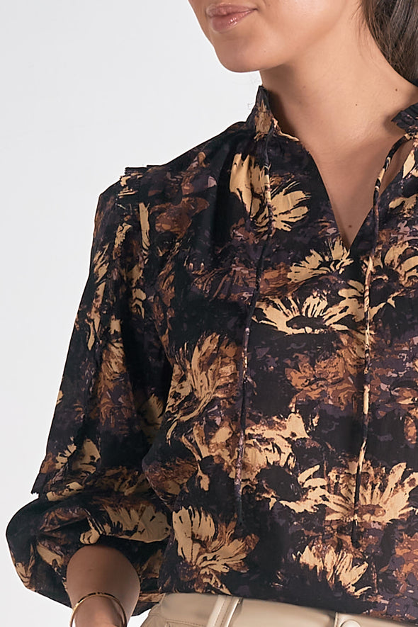 elan black neutral floral long sleeve blouse oversized fall winter ruffle detail