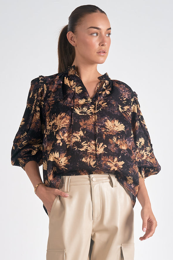 elan black neutral floral long sleeve blouse oversized fall winter ruffle detail