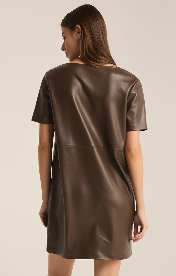 z supply london faux leather dress dark chocolate brown short sleeve crewneck mini dress vegan leather seam detailing relaxed fit trendy fall winter dress