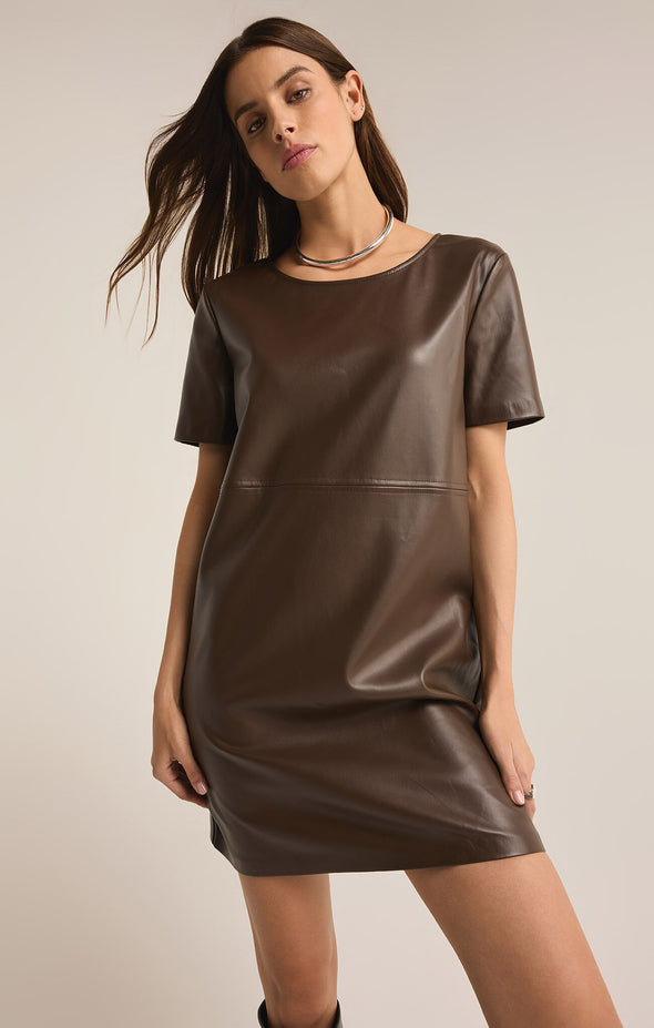 z supply london faux leather dress dark chocolate brown short sleeve crewneck mini dress vegan leather seam detailing relaxed fit trendy fall winter dress