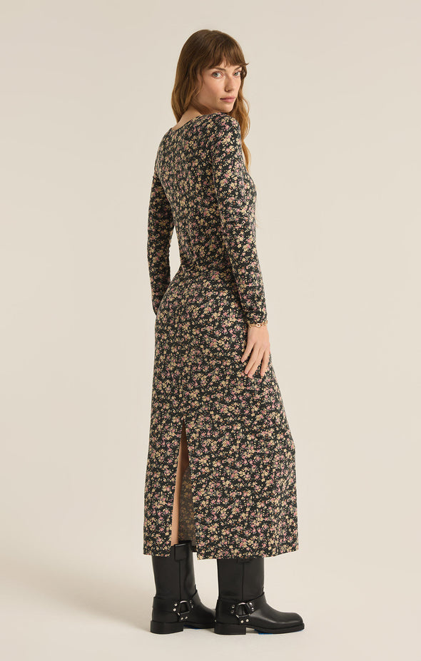 z supply colette ditsy dress black floral long sleeve scoop neckline fitted body fall winter midi dress