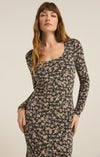 z supply colette ditsy dress black floral long sleeve scoop neckline fitted body fall winter midi dress