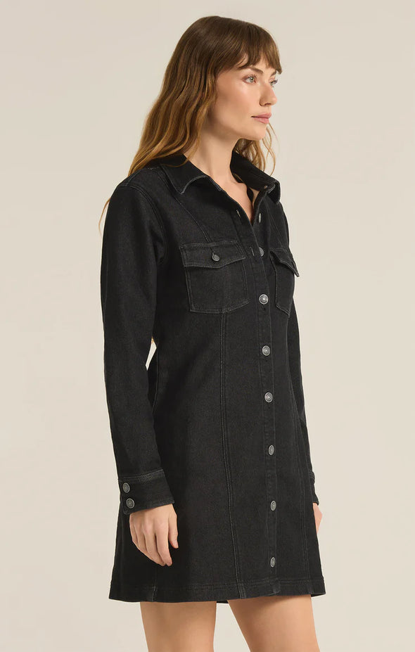 z supply candice perfect knit denim mini dress black long sleeve button front collared fitted fall dress