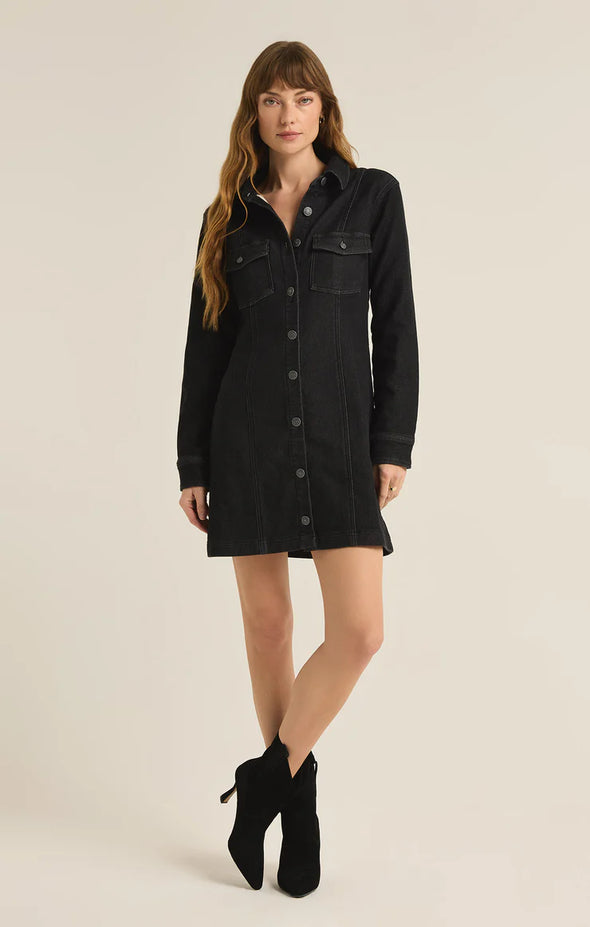 z supply candice perfect knit denim mini dress black long sleeve button front collared fitted fall dress