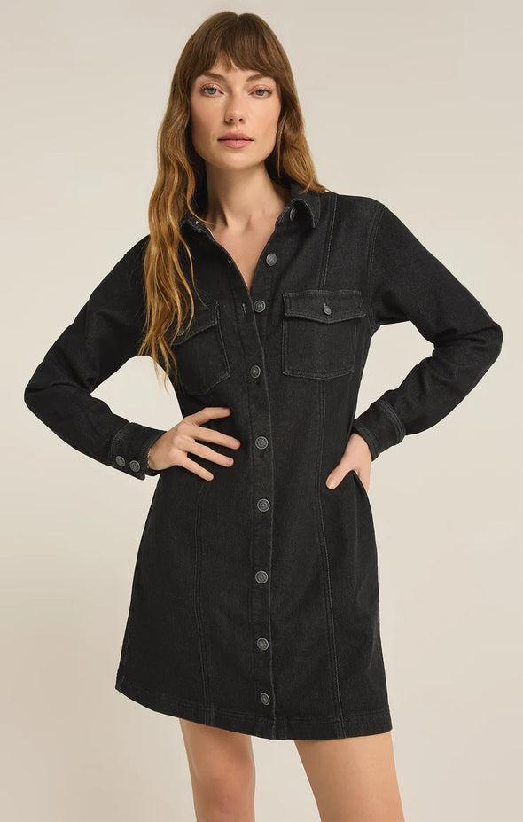 z supply candice perfect knit denim mini dress black long sleeve button front collared fitted fall dress