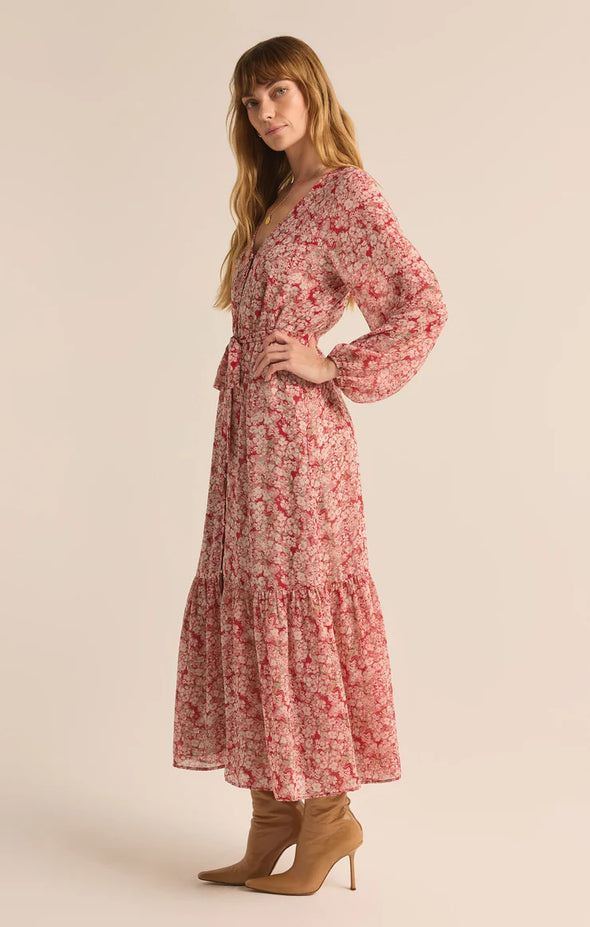 z supply long sleeve v-neck tiered skirt floral maxi dress fall winter holiday tie waist button front crimson crush